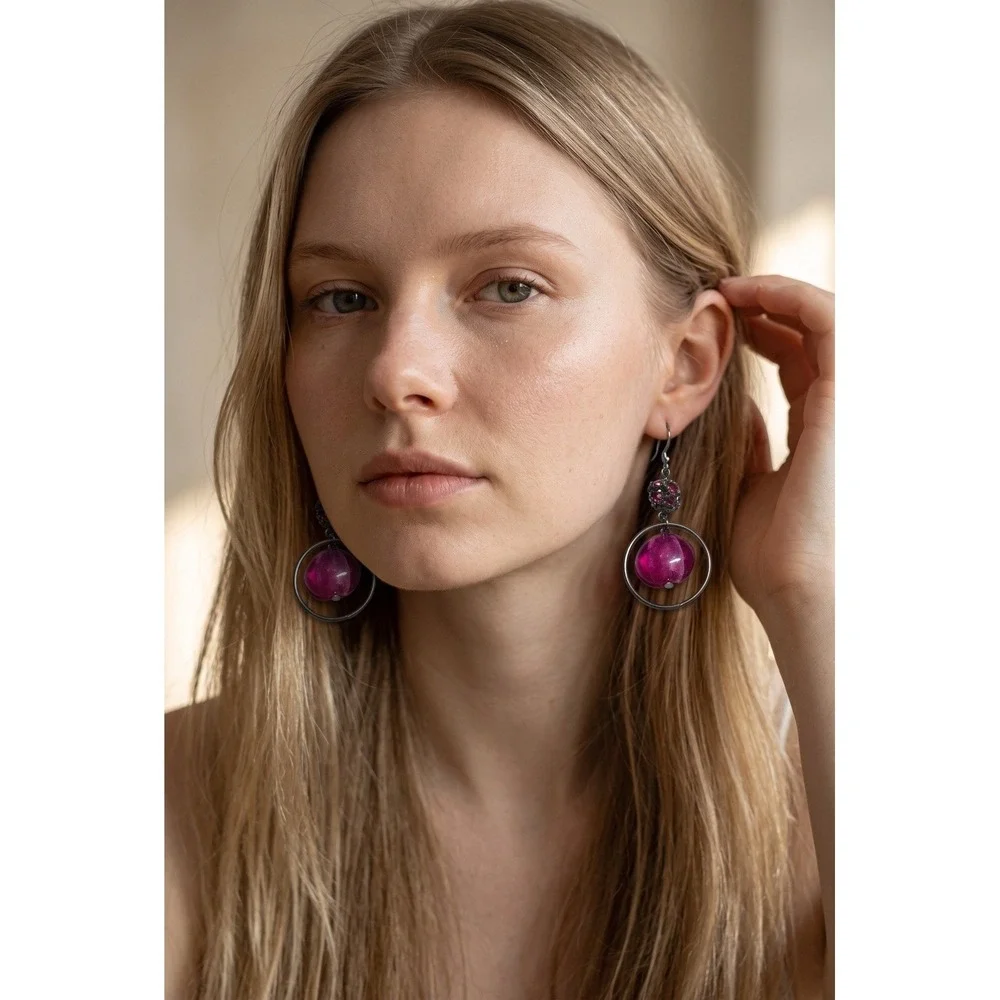 Unbranded Drop Earrings Women OS Magenta Excellent Geometric Orb Gunmetal Pavé